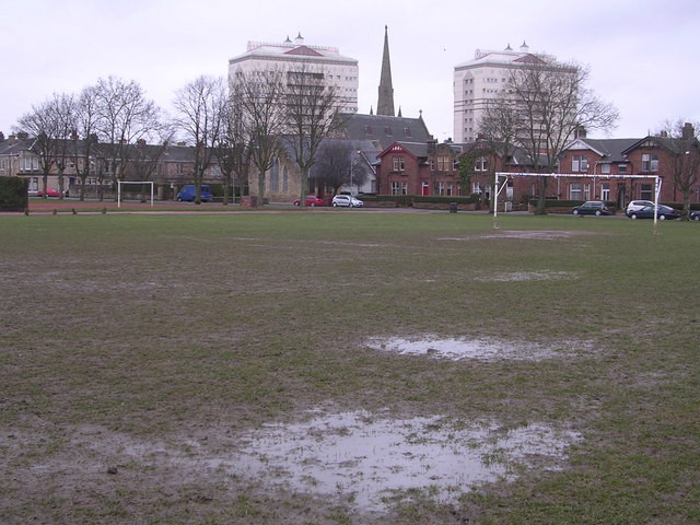 Waterlogged grassroots football pitch